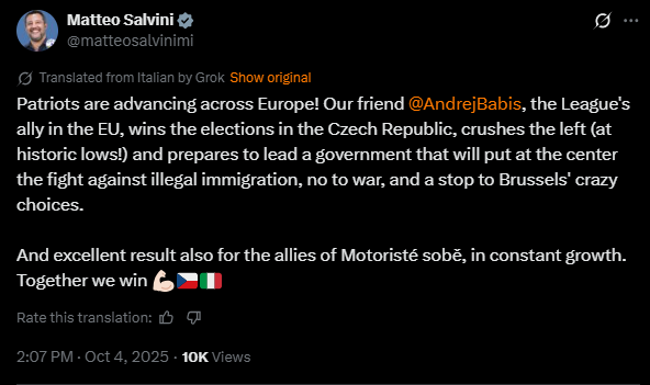 Matteo Salvini's tweet celebrating Andrej Babis' election victory in the Czech Republic, highlighting themes of nationalism, immigration, and European political alliances.
