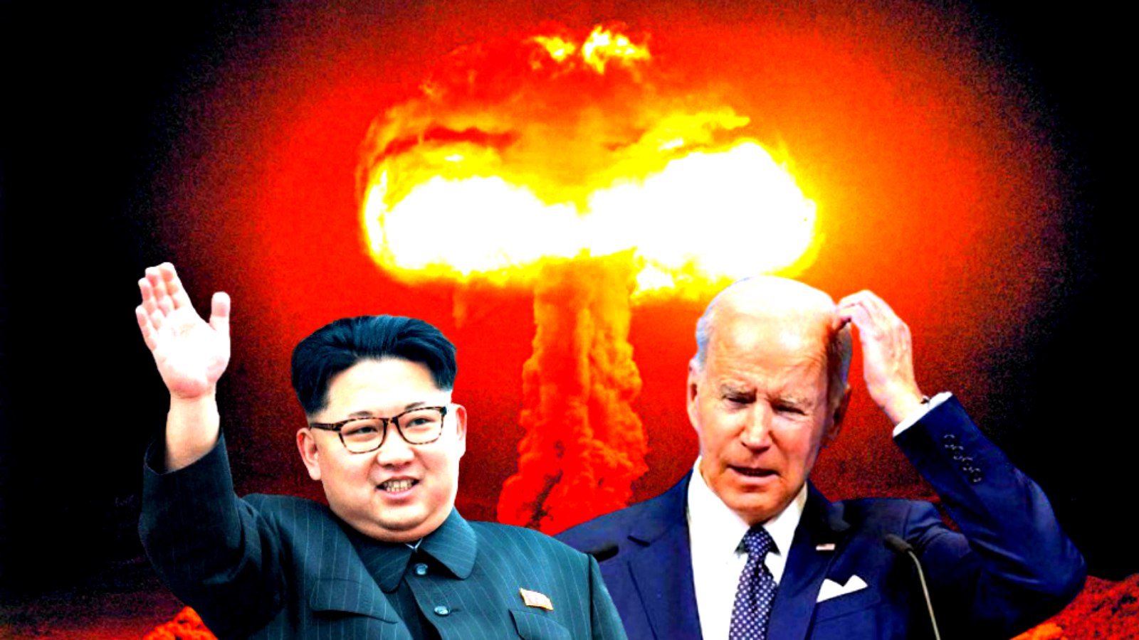 Kim Jong-un and Joe Biden are depicted against a backdrop of a nuclear explosion, symbolizing global tensions and political conflict.