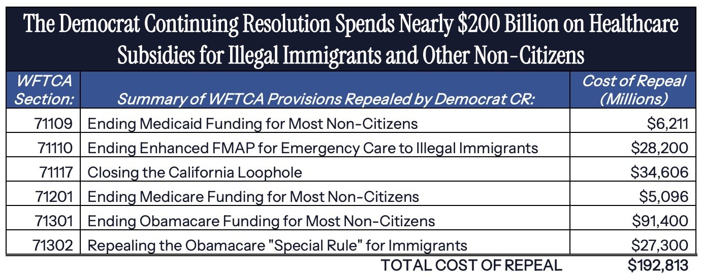 Table summarizing the cost and provisions of the Democrat Continuing Resolution, detailing nearly $200 billion in healthcare subsidies for illegal immigrants and non-citizens.