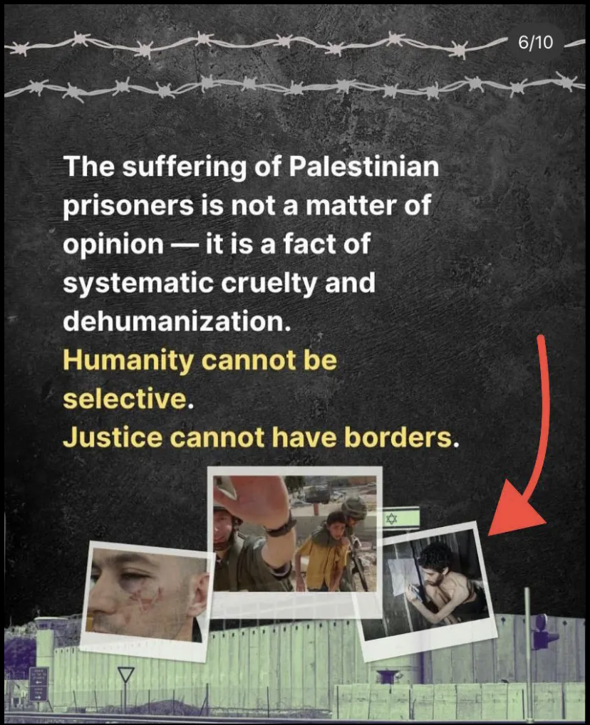 Image depicting the plight of Palestinian prisoners, highlighting systematic cruelty and calls for universal justice and humanity beyond borders.