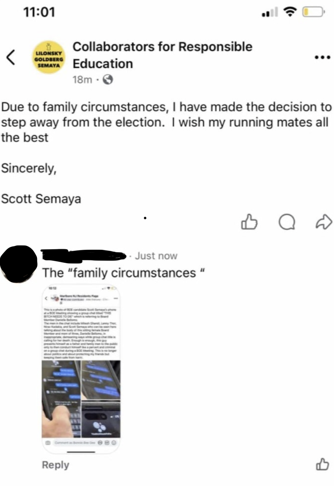 Social media post discussing Scott Semaya's withdrawal from the election due to family circumstances, featuring a smartphone displaying a message thread.