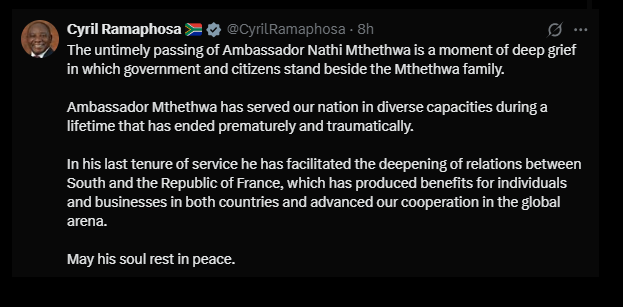 Tribute from Cyril Ramaphosa honoring the late Ambassador Nathi Mthethwa for his contributions to South Africa and international relations, expressing condolences to the Mthethwa family.
