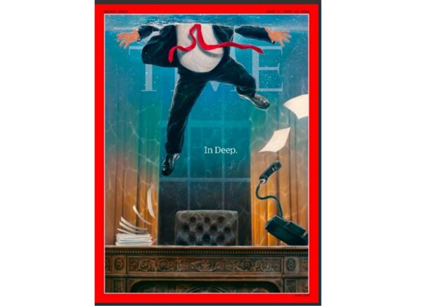A man in a suit is submerged underwater, with office items floating around him, symbolizing a sinking feeling in a professional environment.