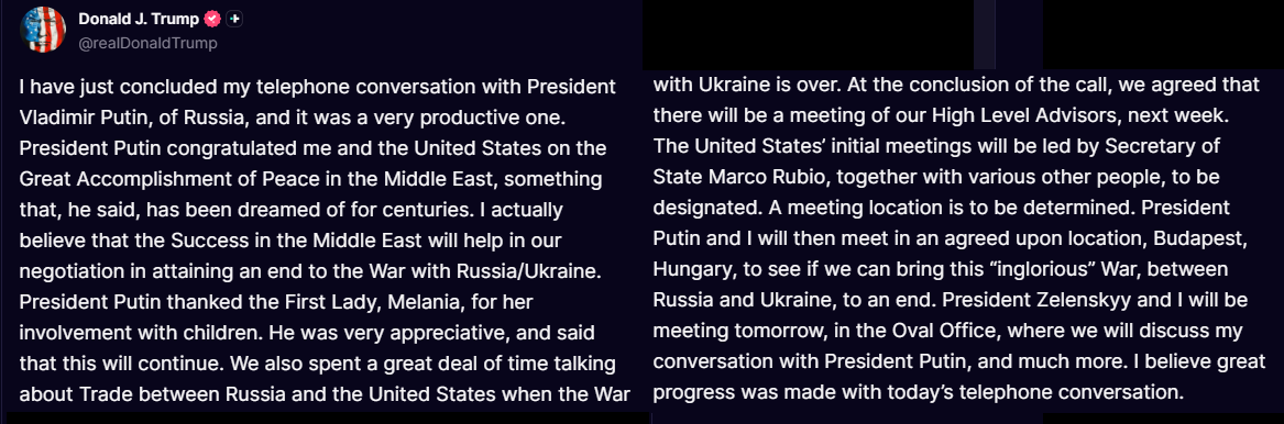 Donald Trump shares details of a productive phone call with Vladimir Putin discussing Middle East peace, trade, and plans for upcoming meetings regarding the Russia-Ukraine war.