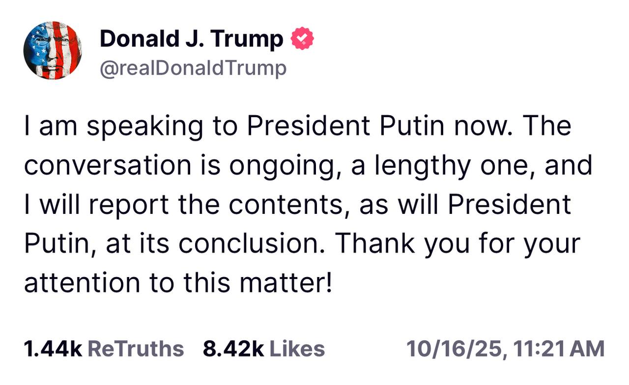 Tweet from Donald Trump discussing an ongoing conversation with President Putin, indicating he will report on the discussion's details upon its conclusion.