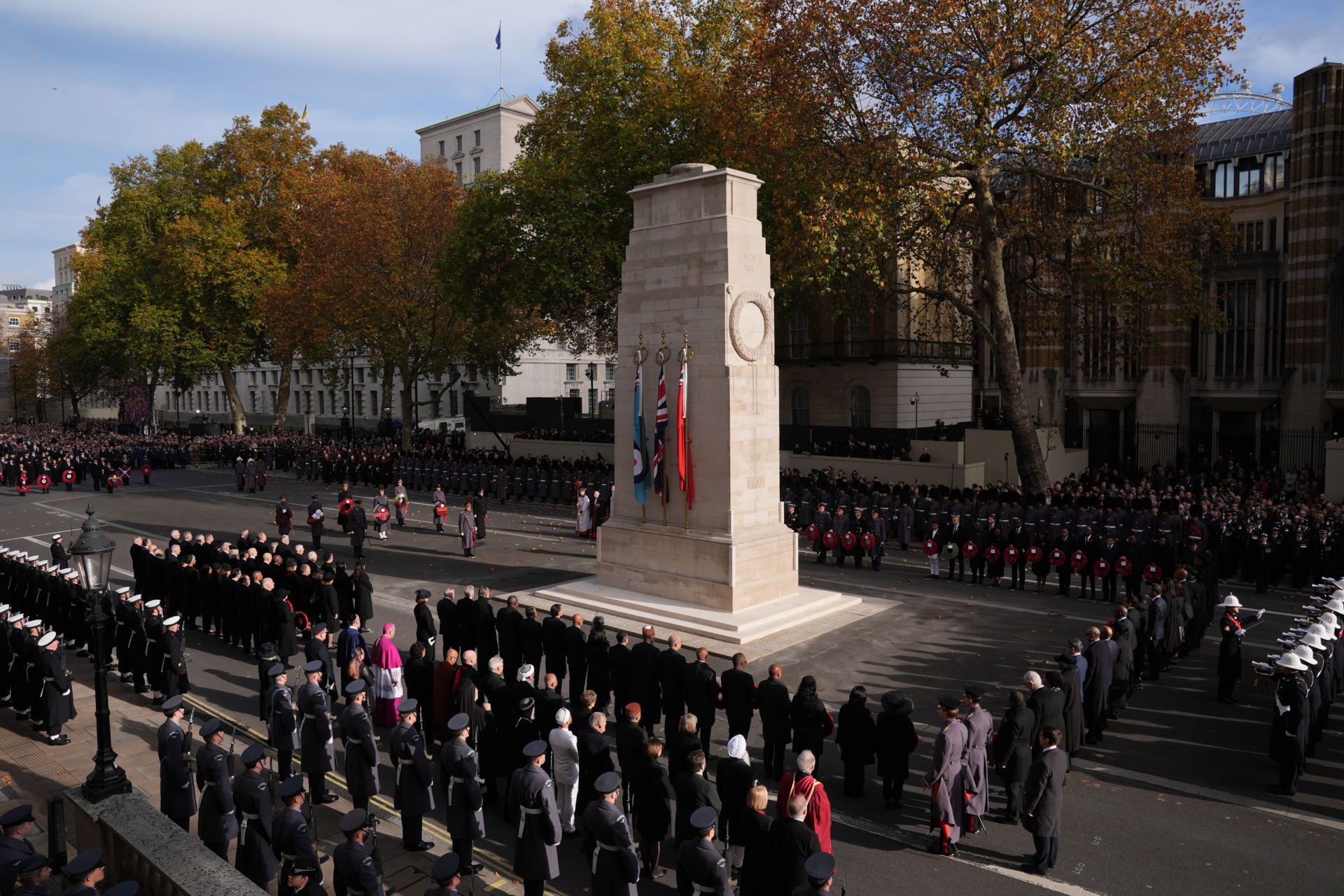 King Charles III (centre) stands during the Remembrance Sunday service at the Cenotaph in London. Picture date: Sunday November 9, 2025. (Photo by James Manning/PA Images via Getty Images)