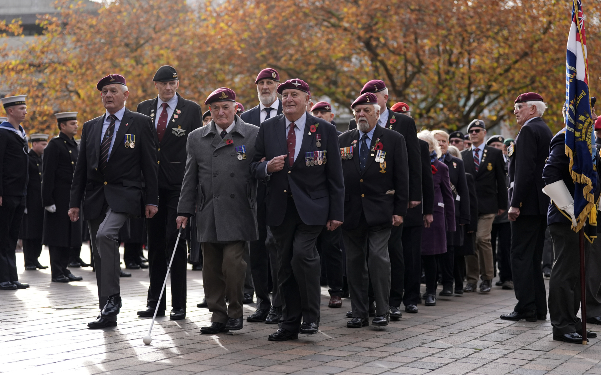 Veterans make their way into Guildhall Square in Portsmouth ahead of a Remembrance Sunday service. Picture date: Sunday November 9, 2025. (Photo by Andrew Matthews/PA Images via Getty Images)