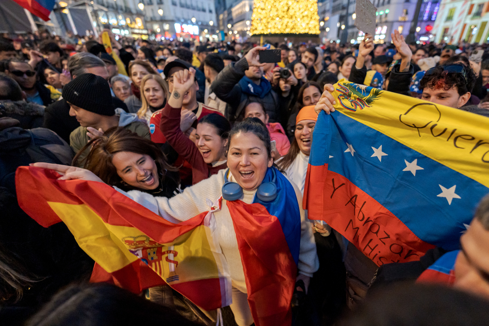 MADRID, SPAIN - JANUARY 03: Hundreds of people during the rally in support of Venezuela and celebration for the arrest of Nicolas Maduro, at Puerta del Sol, January 3, 2026, in Madrid, Spain. It is an act of support to the Venezuelan people, celebration of Maduro's arrest after the US attack and demand for freedom for political prisoners and regime change. (Photo By Diego Radames/Europa Press via Getty Images)