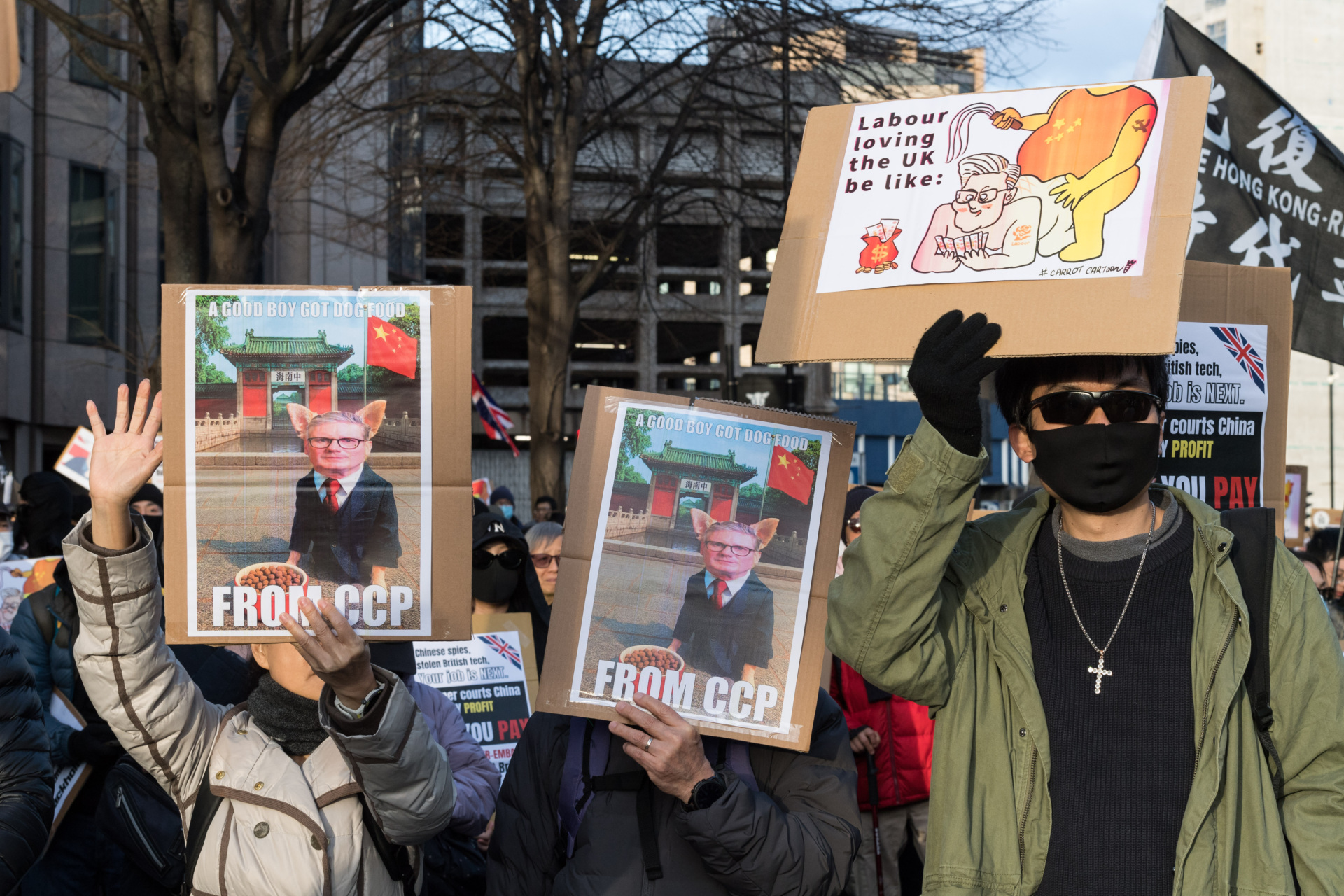 LONDON, UNITED KINGDOM - JANUARY 17, 2026: Demonstrators including Tibetans, Uyghurs and Hongkongers gather outside the Royal Mint Court to protest against plans to open new Chinese mega-embassy, which would create one of the largest embassies in the world and has been surrounded by national security concerns in London, United Kingdom on January 17, 2026. The government is expected to make a final decision on China's mega-embassy next week. (Photo credit should read Wiktor Szymanowicz/Future Publishing via Getty Images)