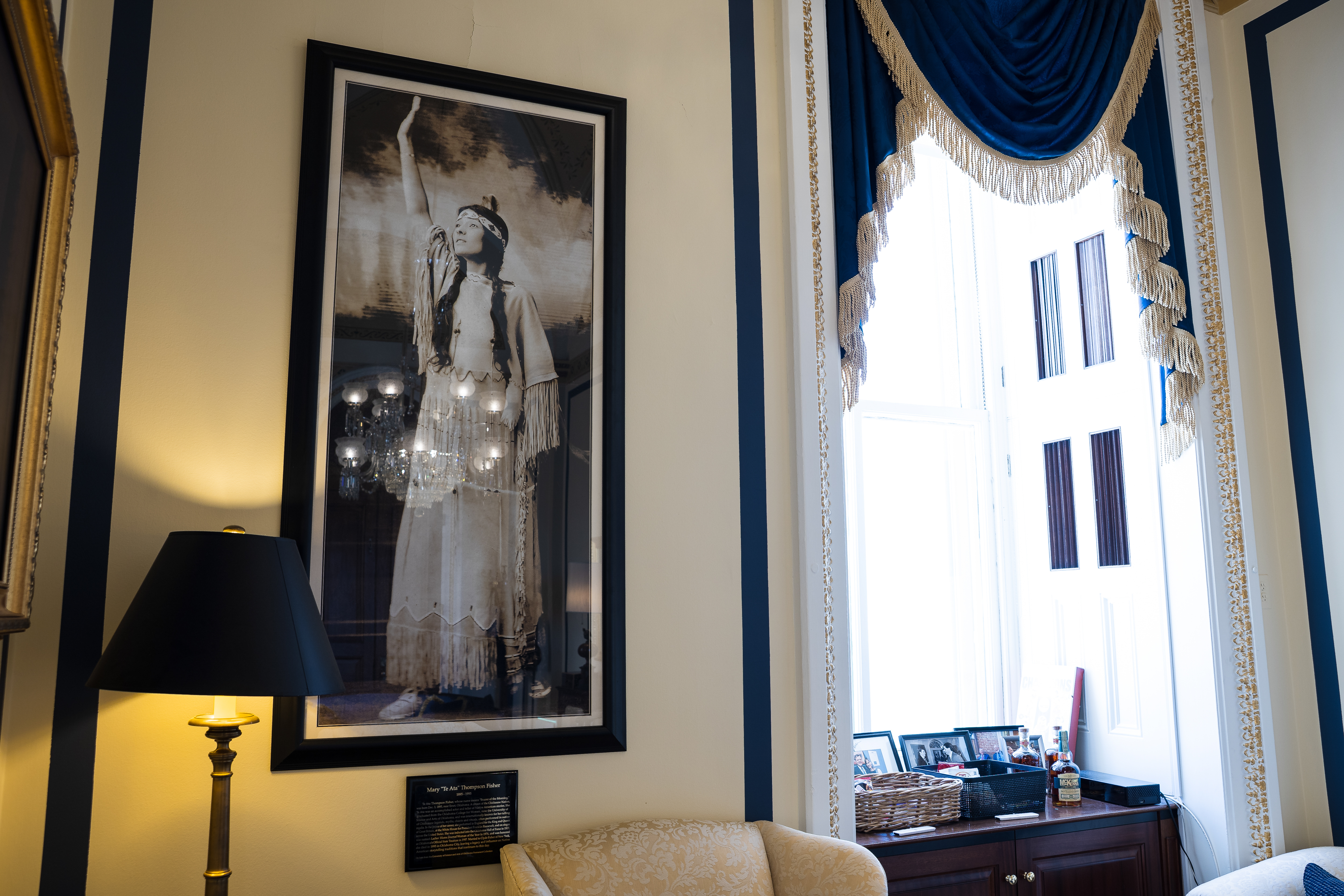 A photo of Cole’s great aunt, a famous Chickasaw storyteller known as Te Ata, hangs in his office.