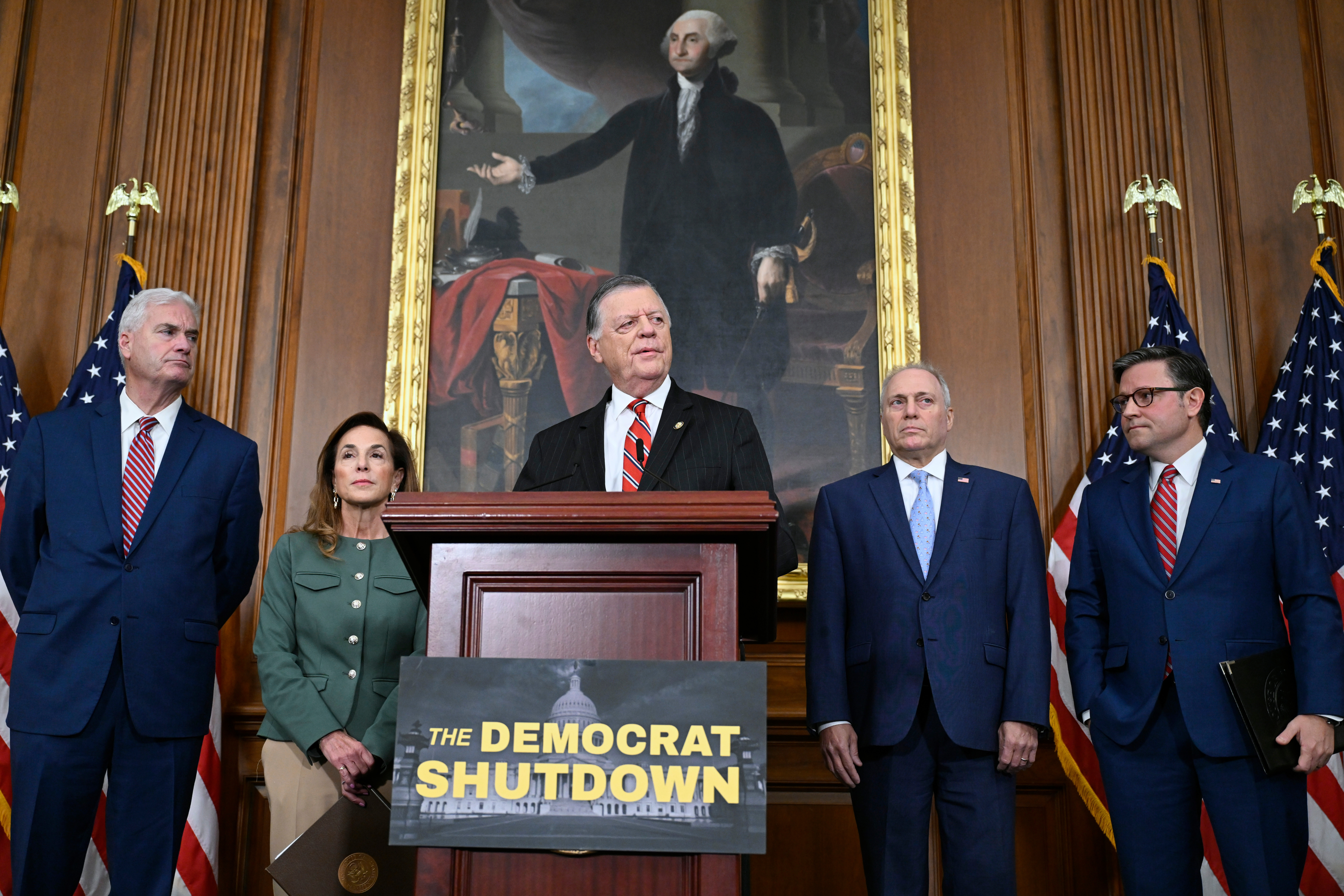 Cole speaks as members of the House GOP leadership look on during a press conference on the 8th day of the government shutdown at the U.S. Capitol, on Oct. 8, 2025.