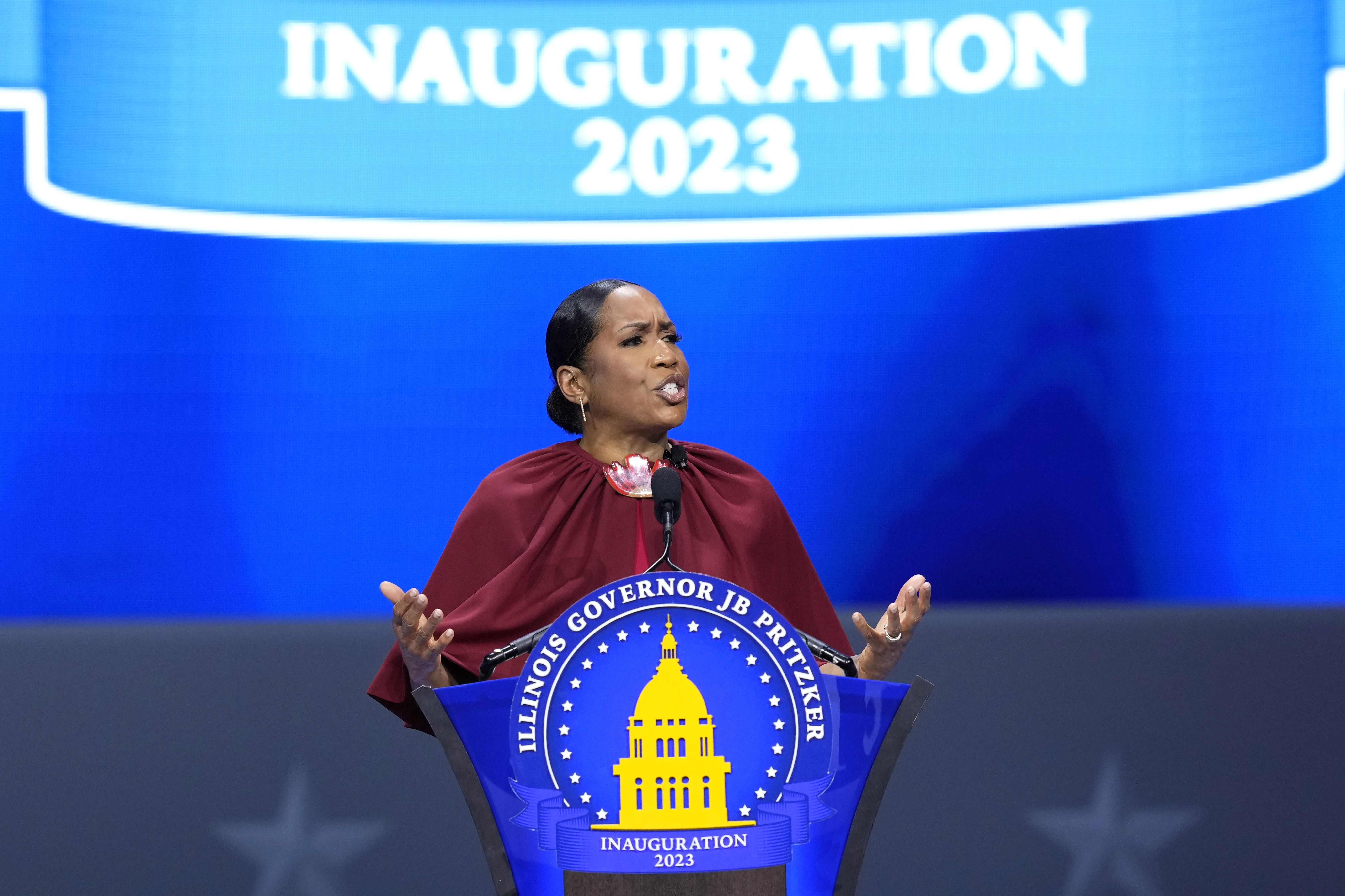 Illinois Lt. Gov. Juliana Stratton delivers her remarks after being sworn to her second term as lieutenant governor on Jan. 9, 2023, in Springfield, Illinois. 