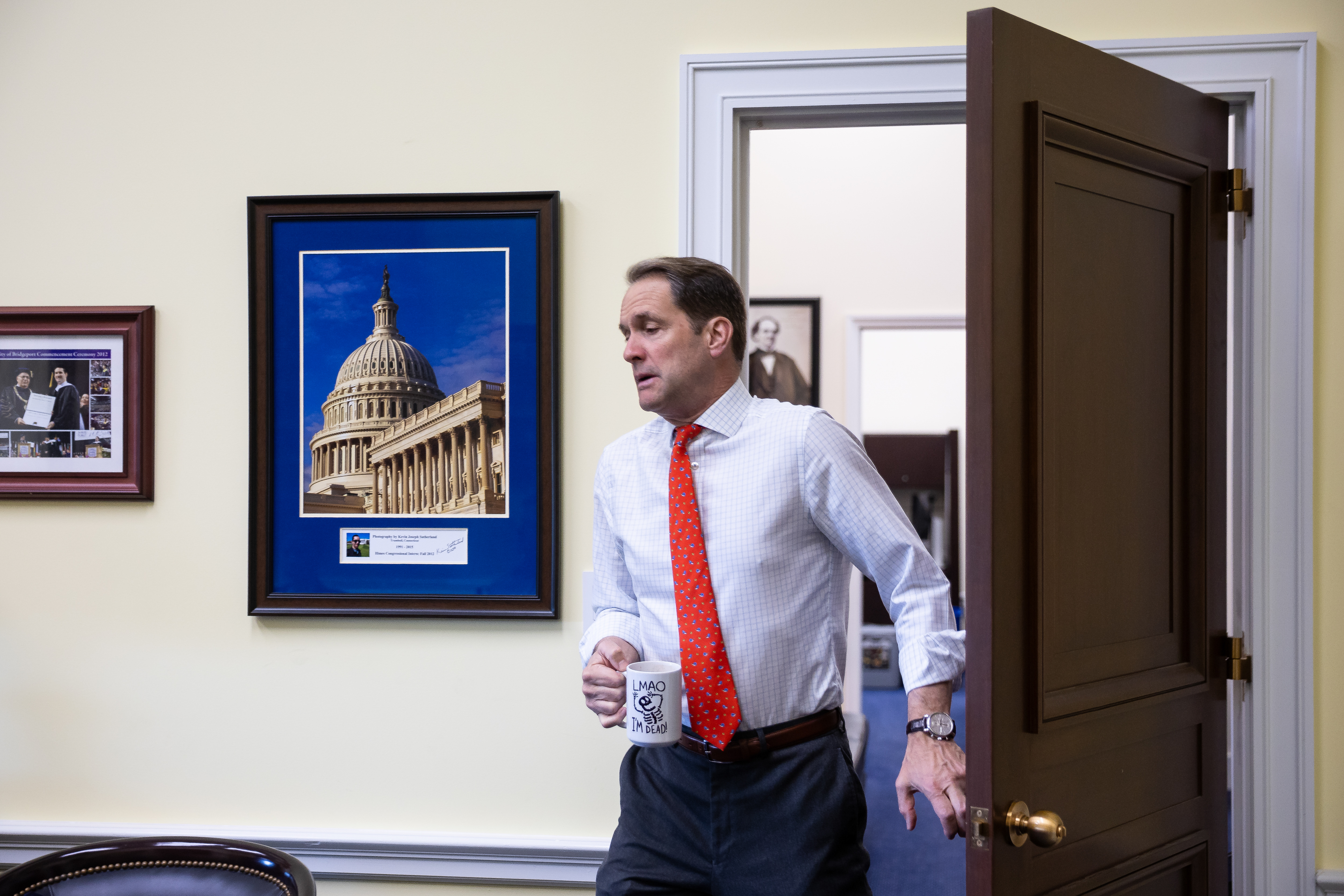 Himes arrives for an interview with POLITICO in his office on Capitol Hill in Washington, April 23, 2026.