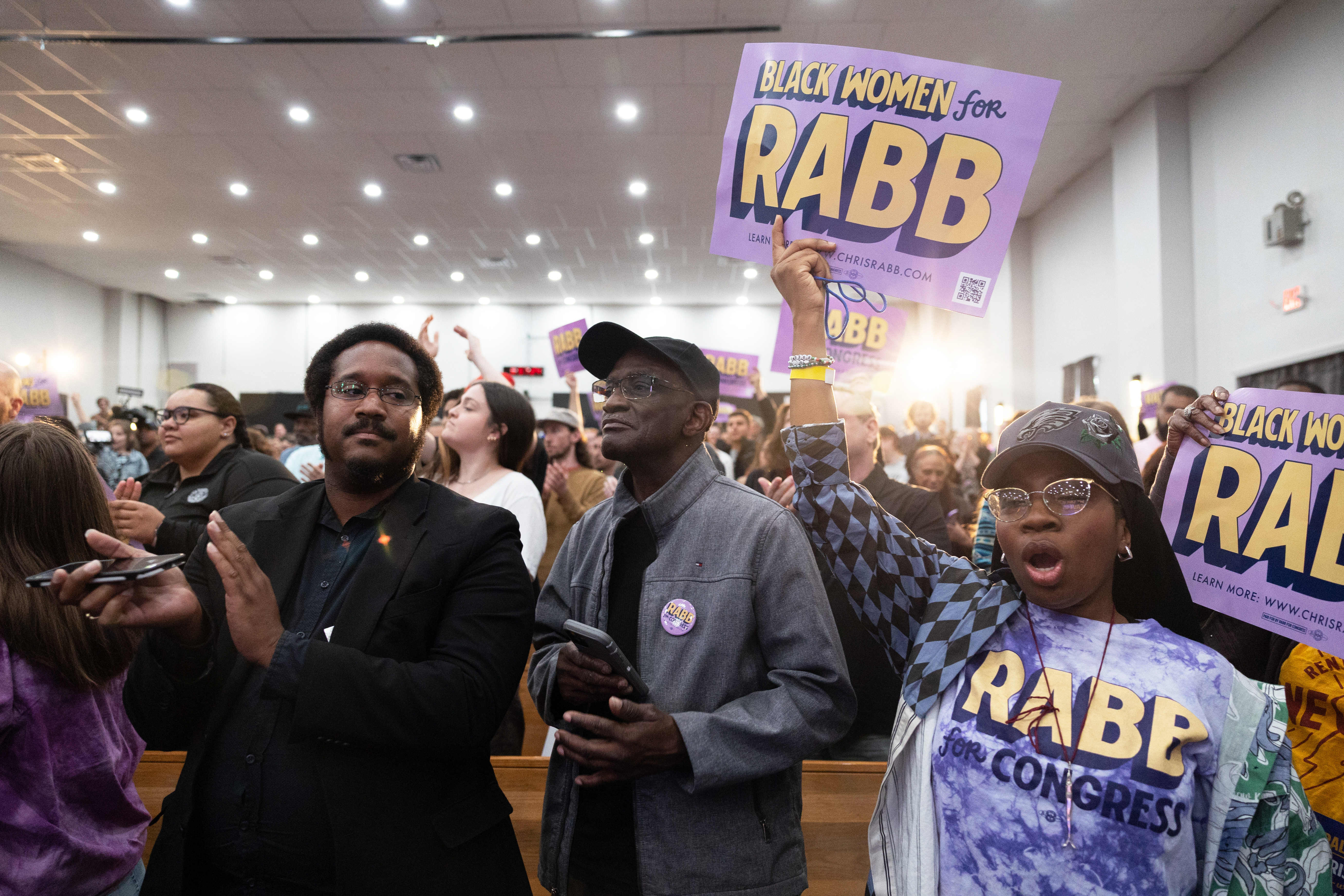 Rabb supporters cheer during a rally in Philadelphia, on May 15, 2026.