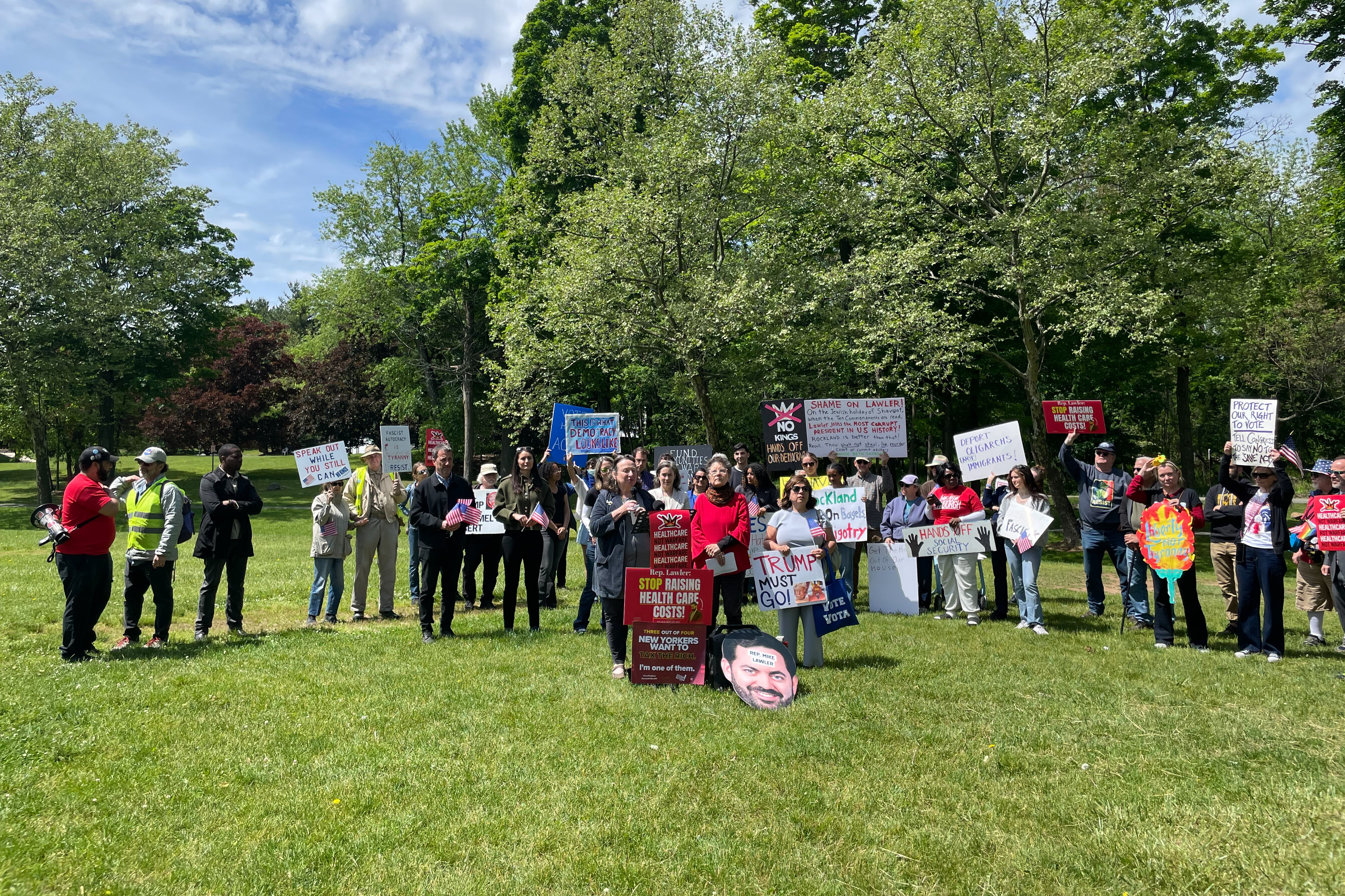 Democratic candidates for NY-17 attend a rally protesting Trump’s visit in Suffern on Friday.