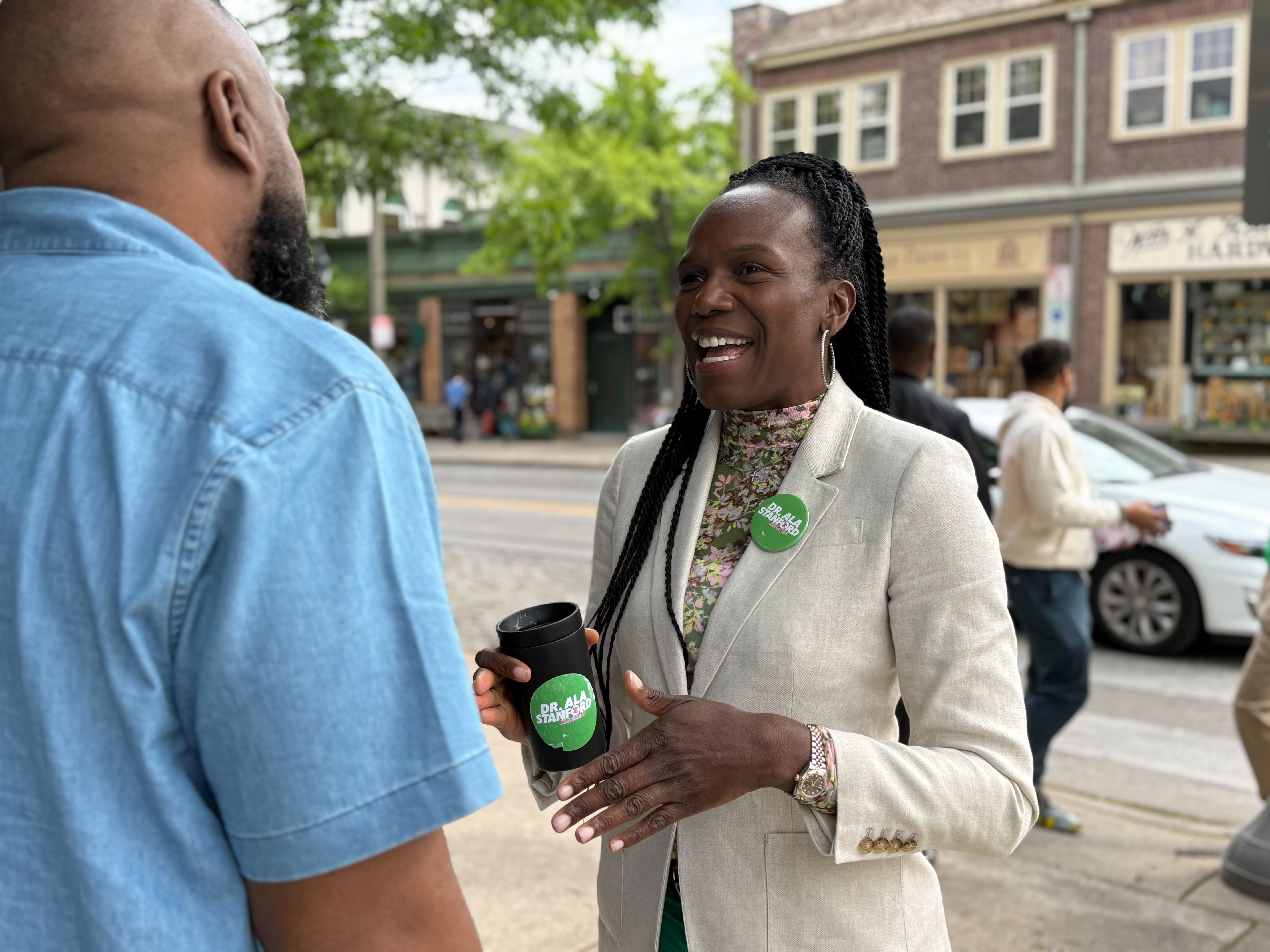 Ala Stanford speaks with a voter in Philadelphia, on May 15, 2026.