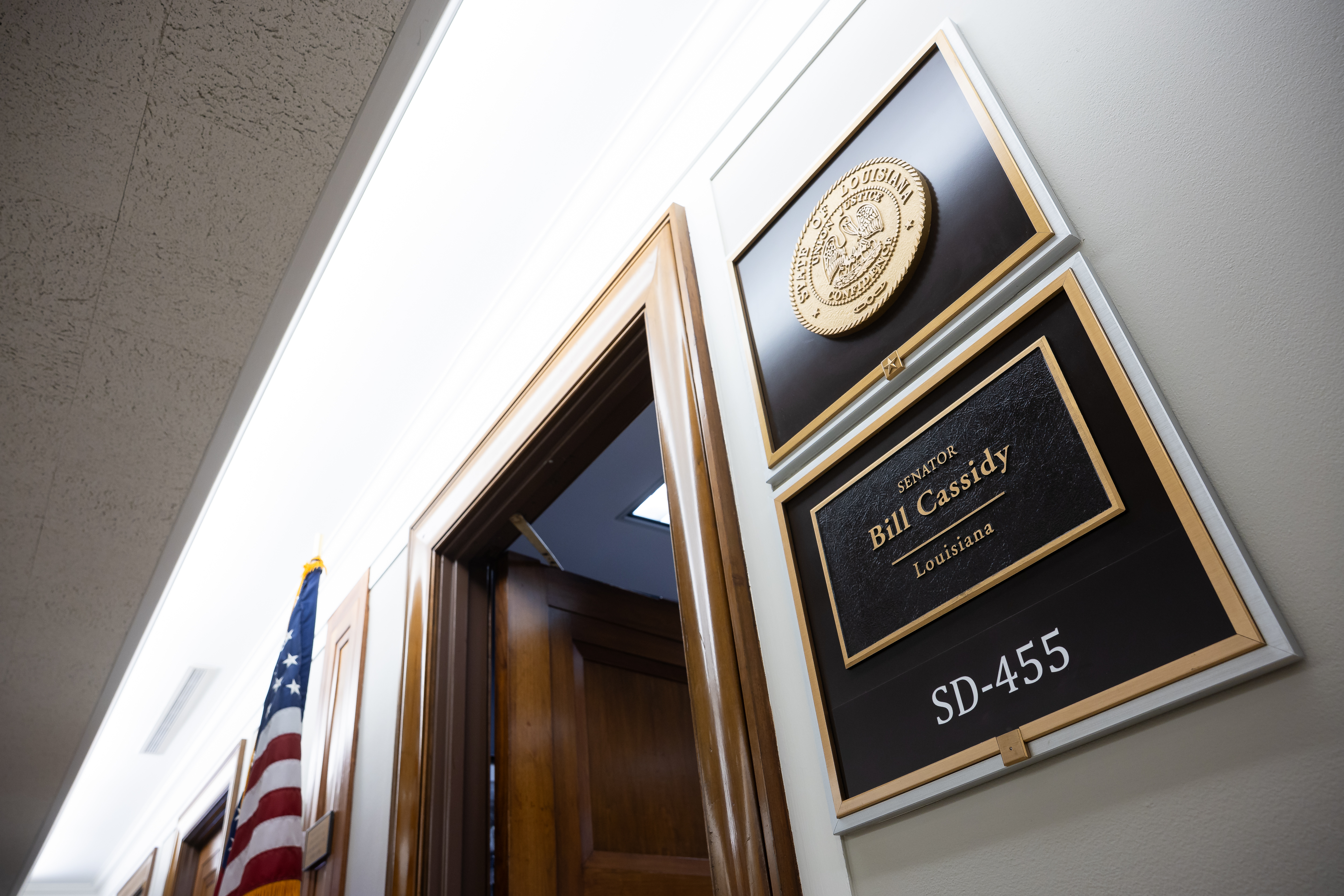 A name plate and the seal of the state of Louisiana are seen outside the office of Sen. Bill Cassidy (R-La.) on Capitol Hill on May 18, 2026.
