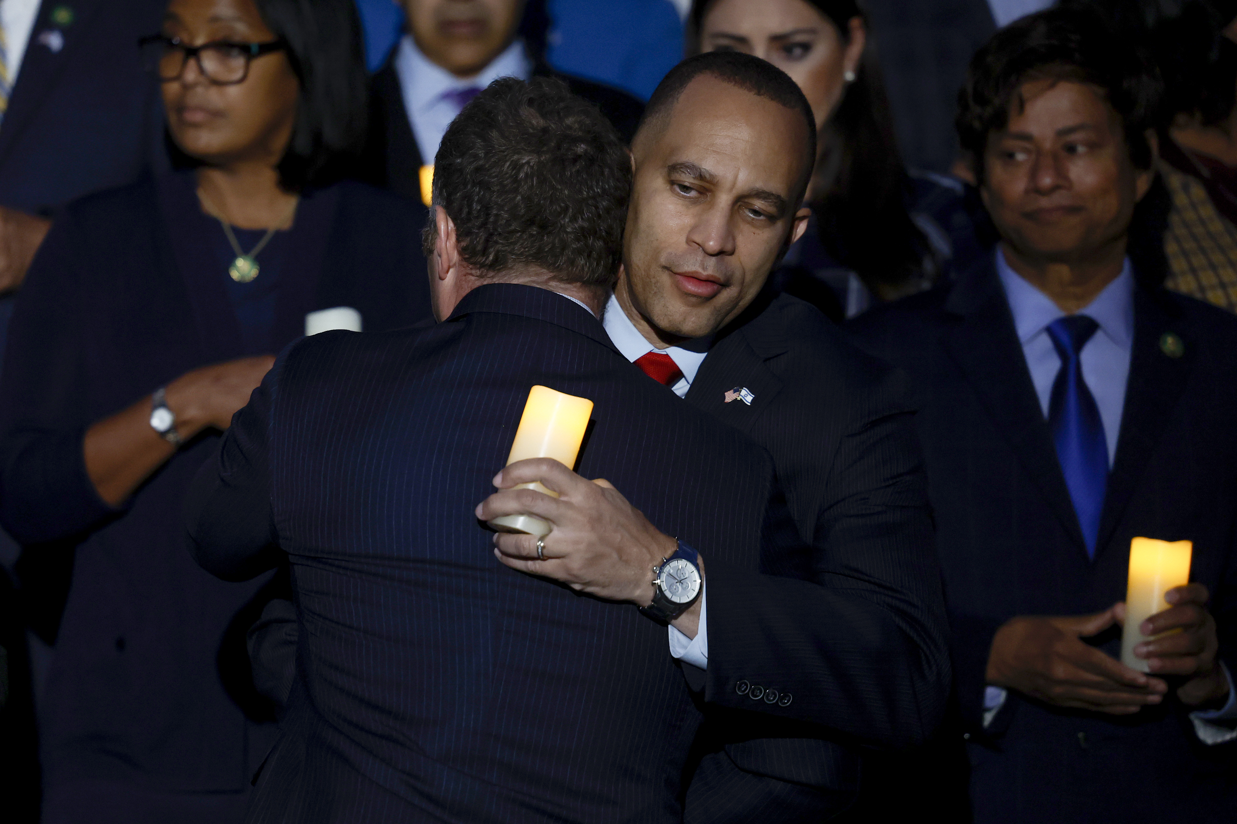 House Minority Leader Hakeem Jeffries (D-N.Y.) hugs Gottheimer after a vigil for Israel on the steps of the U.S. Capitol in Washington, on Oct. 12, 2023.