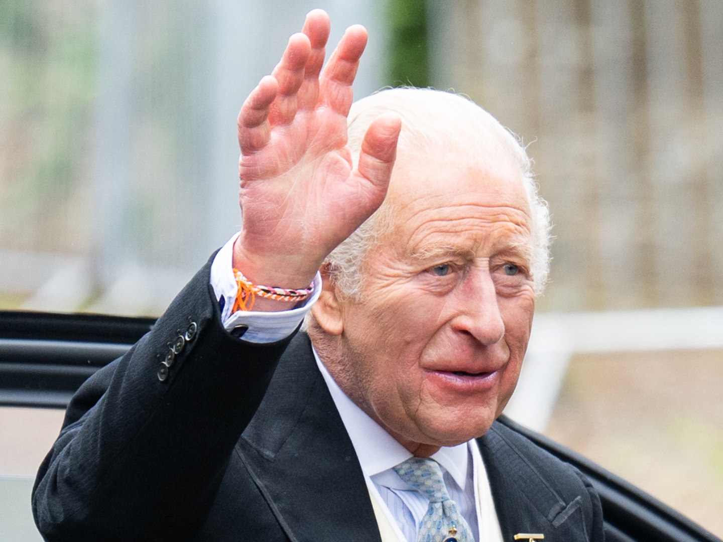 KEMBLE, ENGLAND - JUNE 06: King Charles III arrives at the Royal wedding of Peter Phillips and Harriet Sperling at All Saints Church on June 06, 2026 in Kemble, England. (Photo by Samir Hussein/WireImage)