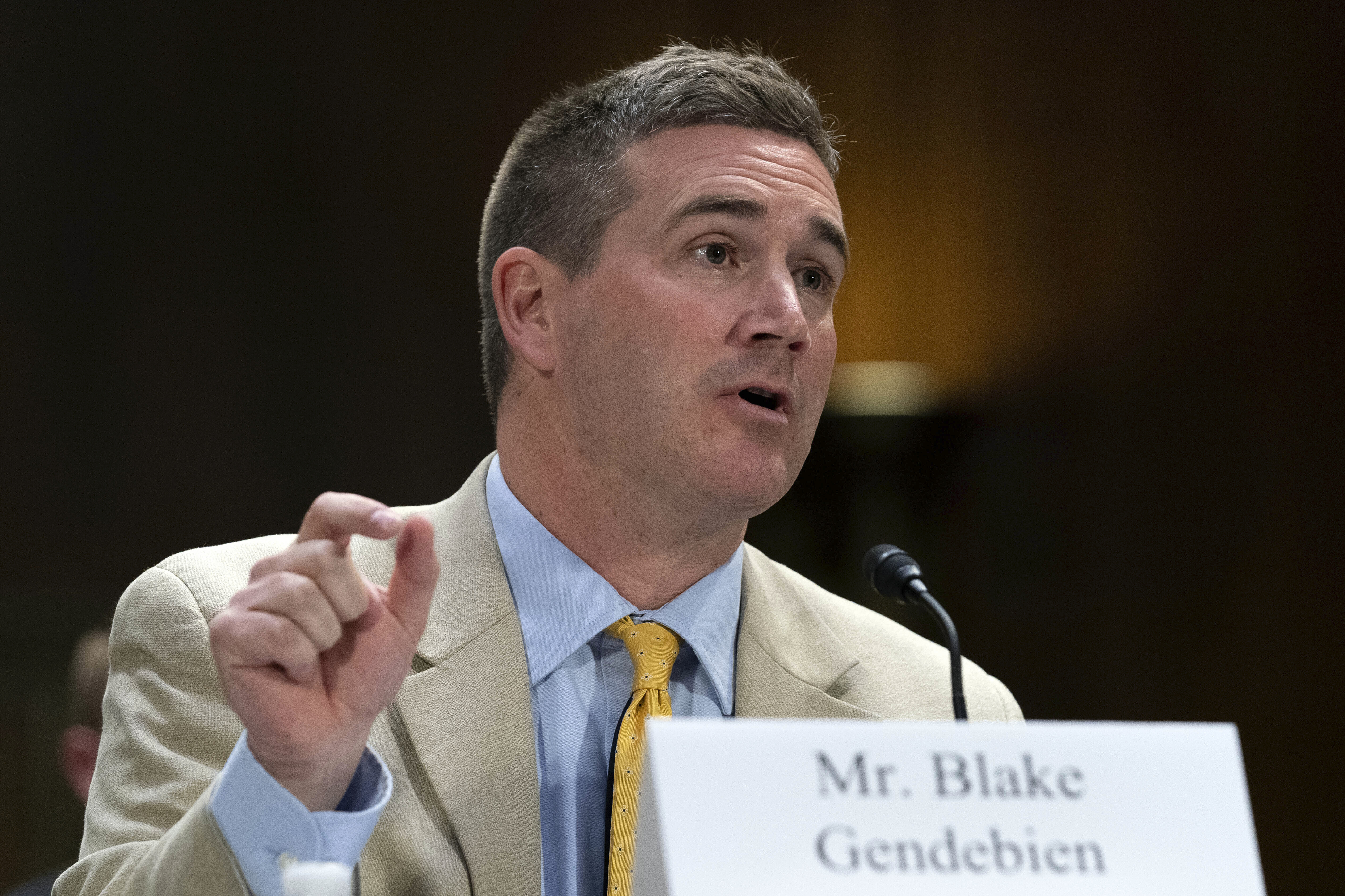 Blake Gendebien testifies before a Senate subcommittee in May 2023.