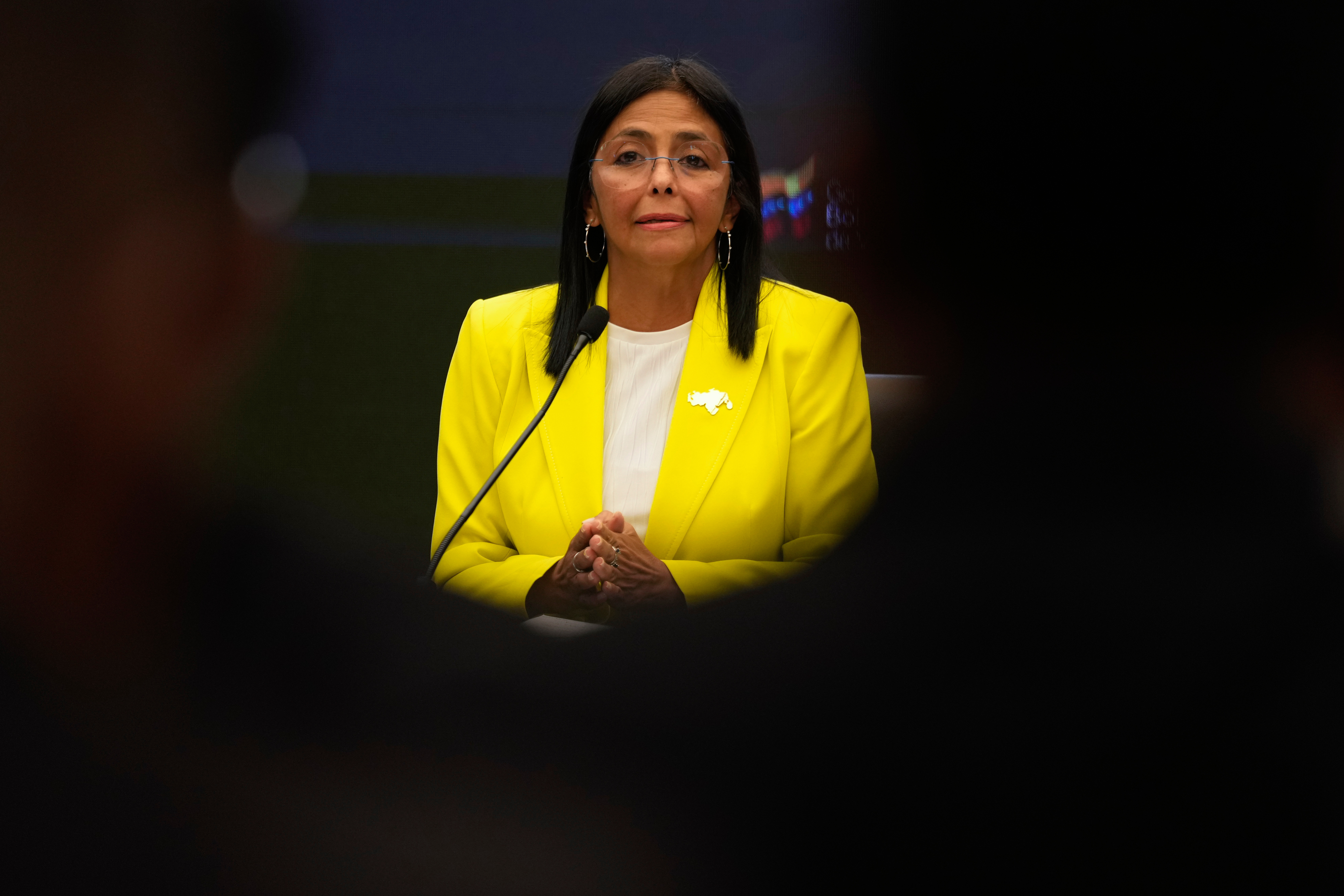 Venezuelan Vice President Delcy Rodriguez speaks during a press conference at the Miraflores presidential palace in Caracas, on March 10, 2025. 