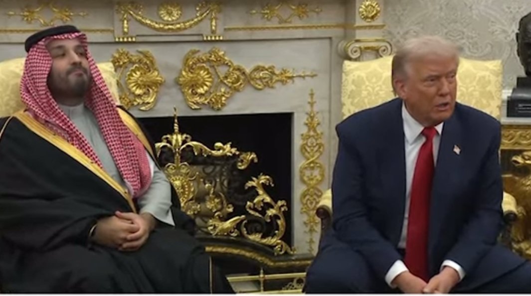 Meeting between Saudi Crown Prince Mohammed bin Salman and former President Donald Trump in an ornate room with gold decor.