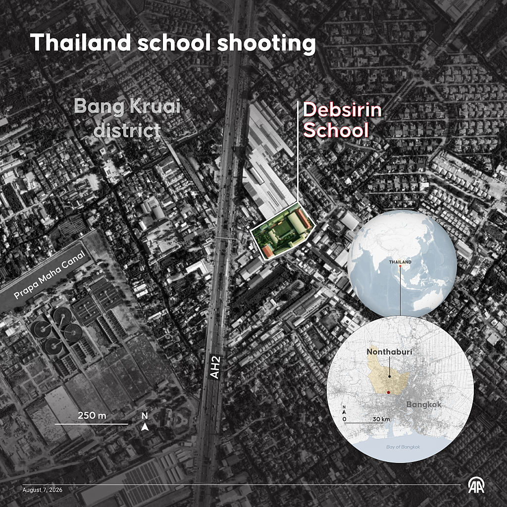 ANKARA, TURKIYE - AUGUST 7: An infographic titled "Thailand school shooting" created in Ankara, Turkiye on August 7, 2026. (Photo by Elif Acar/Anadolu via Getty Images)