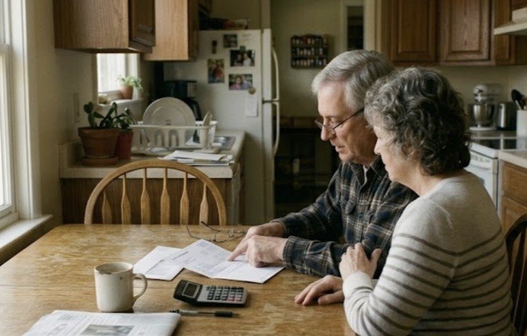 Elderly couple reviewing financial documents together at a kitchen table, with a calculator and coffee cup nearby.