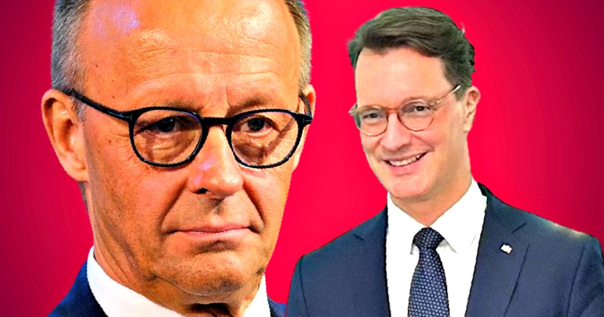 Two men in glasses, one serious and one smiling, set against a vibrant pink background, likely representing a political or professional context.