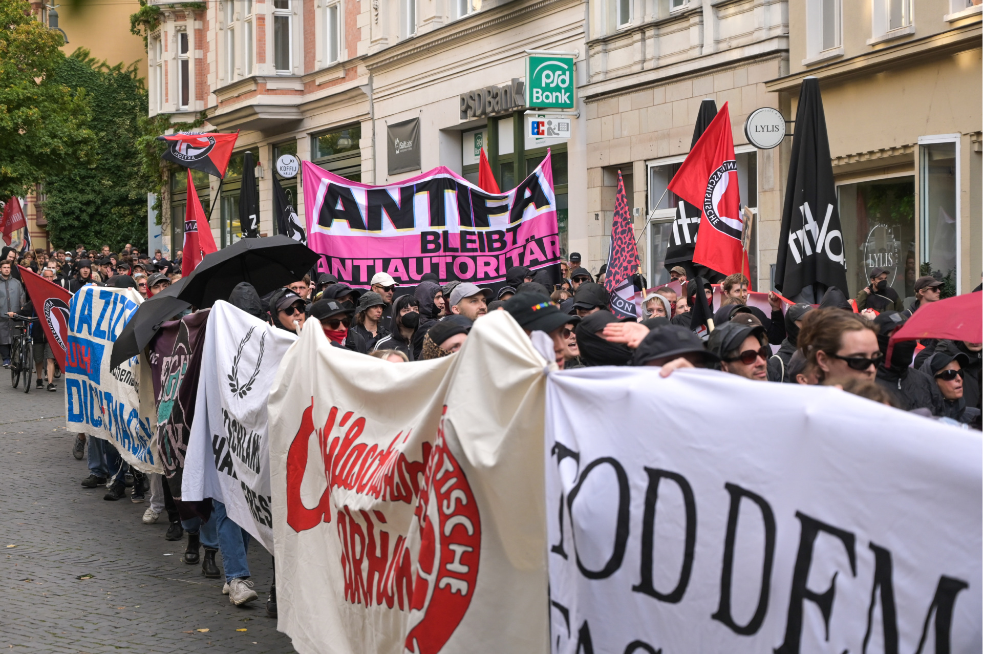 05 September 2026, Saxony-Anhalt, Halle / Saale: People are taking part in a nationwide Antifa demonstration held on the eve of the 2026 Saxony-Anhalt state election. The demonstration begins at the train station and then winds its way through downtown Halle. Photo: Heiko Rebsch/dpa (Photo by Heiko Rebsch/picture alliance via Getty Images)