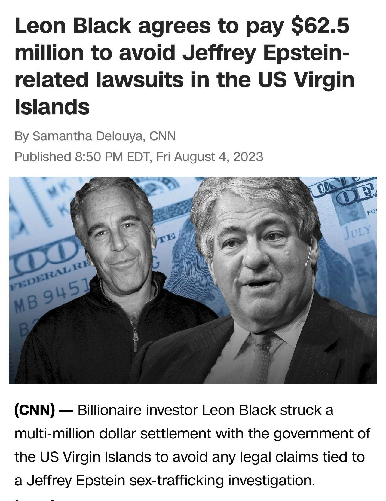Leon Black agrees to pay $62.5 million to settle Jeffrey Epstein-related lawsuits in the US Virgin Islands, avoiding legal claims tied to a sex-trafficking investigation.